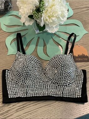Main Strip Black Bralette with Silver Crystal Detailing